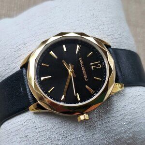 Karl Lagerfeld Women Watch Black Leather Band Gold Tone Case WristWatch